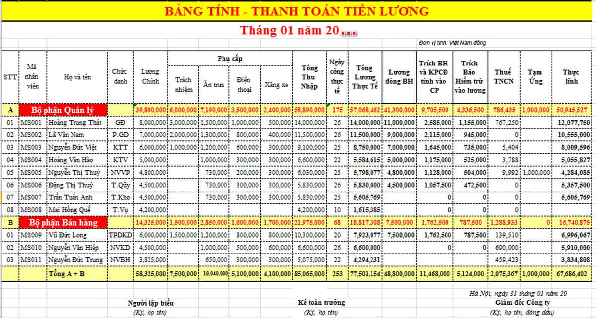 bảng tính lương