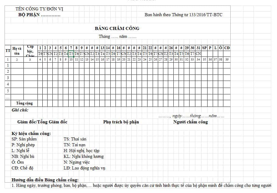 bảng chấm công 2
