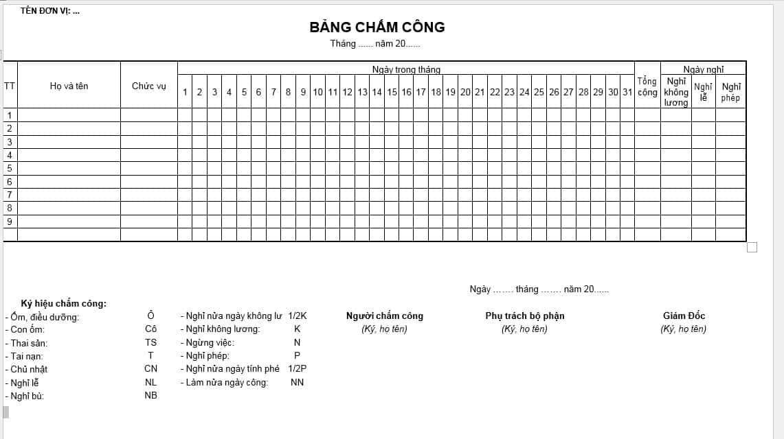bảng chấm công