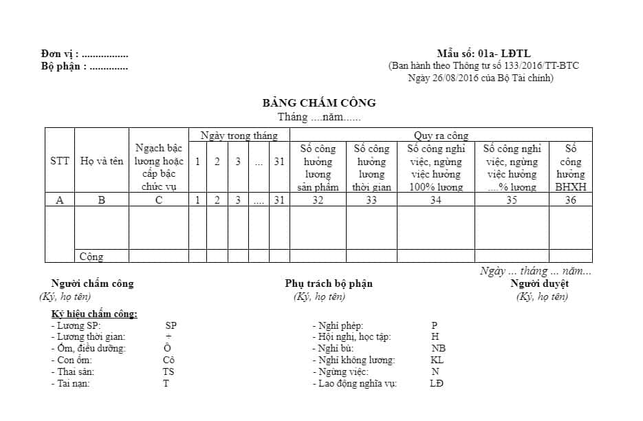 mẫu chấm công mới