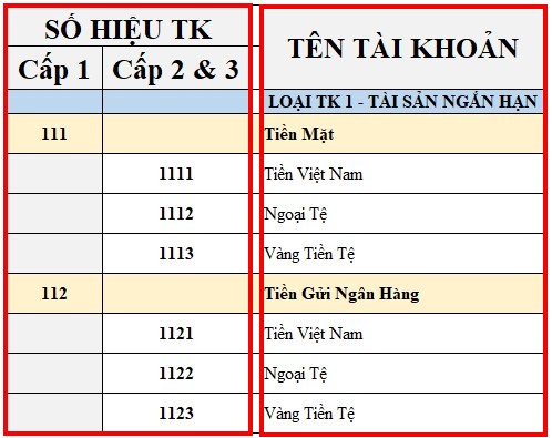 2 cột trong bảng hệ thống tài khoản