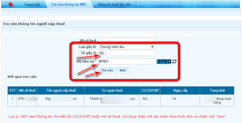 Bước 4 Nhập số CCCD và nhập đúng mã xác nhận để tra cứu mã số thuế cá nhân